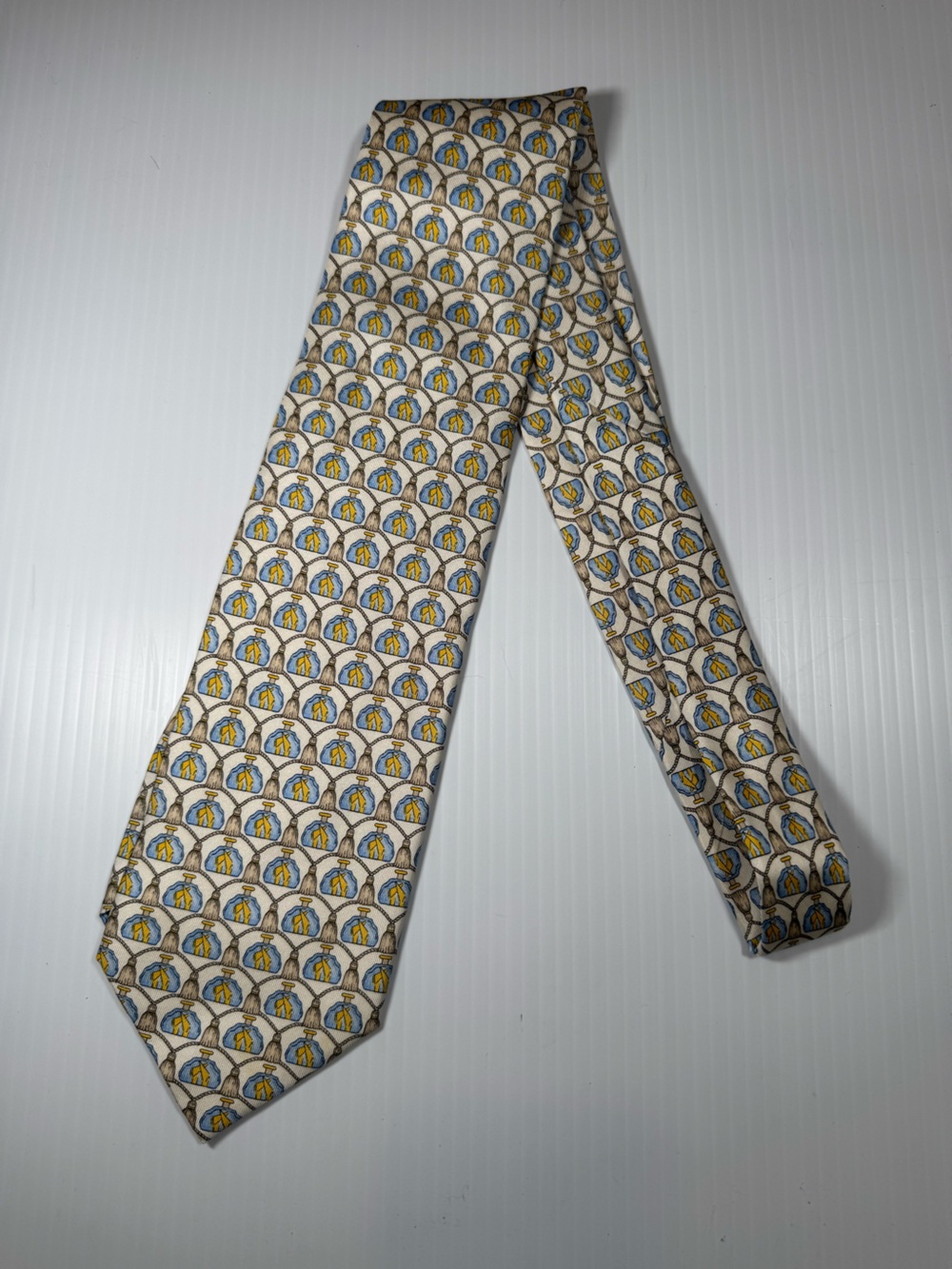 Diana de Silva Italian Silk Tie w/ Blue Yellow Cream “Le Flacon” motif